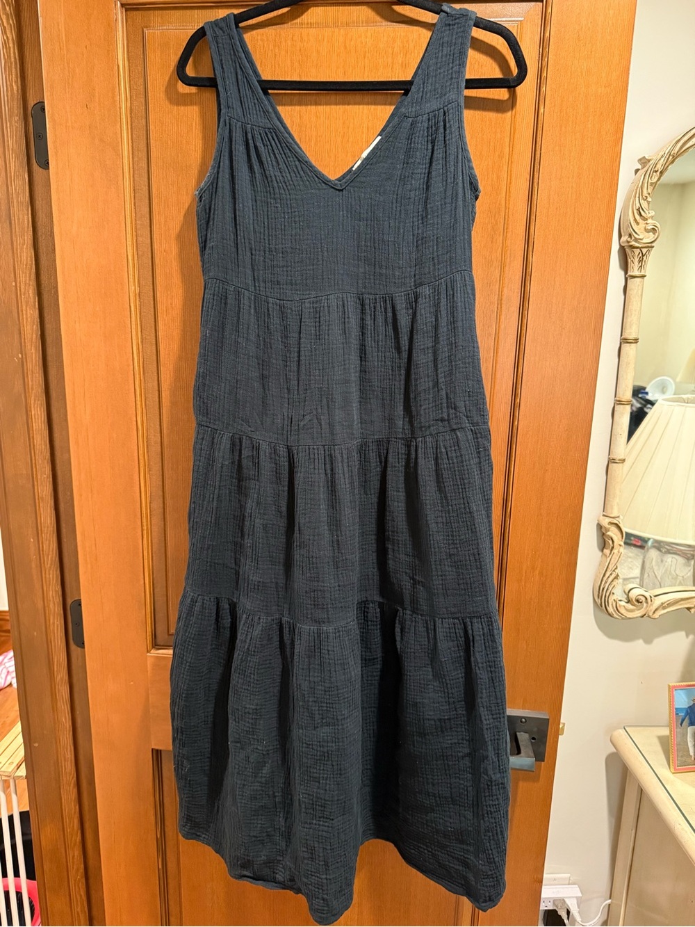 Marine Layer Black Tiered V-Neck Maxi Dress. 100% cotton gauze.